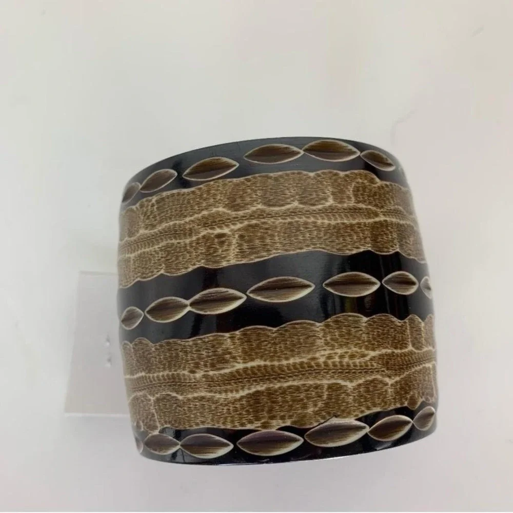 Wide Tribal Style Bangle Bracelet Brown & Black Pattern Resin Cuff Made in India
